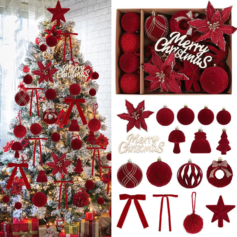 ZQNYCY 38-teiliges Set Weihnachtsdekoration aus Samt in Rot mit Christbaumkugeln, Sternen, Blumen und Baumspitze für deinen Weihnachtsbaum und zur Neujahrsdekoration - Bild 7