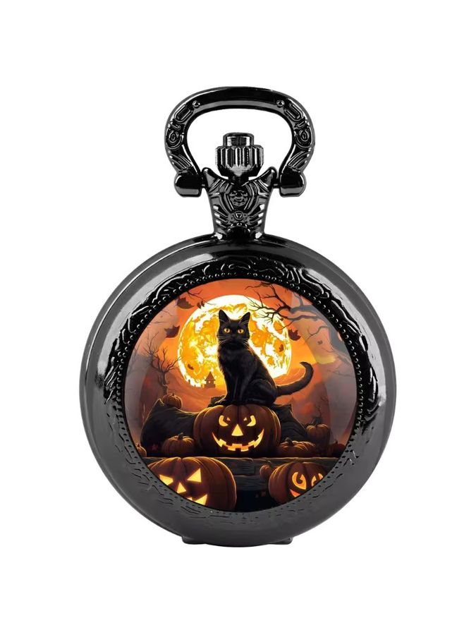 Retro Halloween Quarz-Taschenuhr mit schwarzer Katze und Glaskuppel in Schwarz - Bild 5