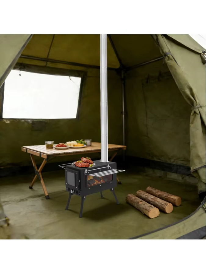 Bymaocar Tragbarer Camping-Zeltofen aus Edelstahl mit Kaminrohren für Outdoor-Heizung und Kochen, Schwarz/Silber, B/T/H: 53,0 x 40,0 x 34,5 cm - Bild 6