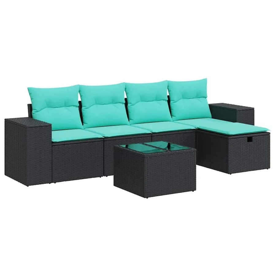 vidaXL 6-teilige Garten-Sofagarnitur in L-Form mit Polsterkissen und Ottoman, Schwarz - Bild 2