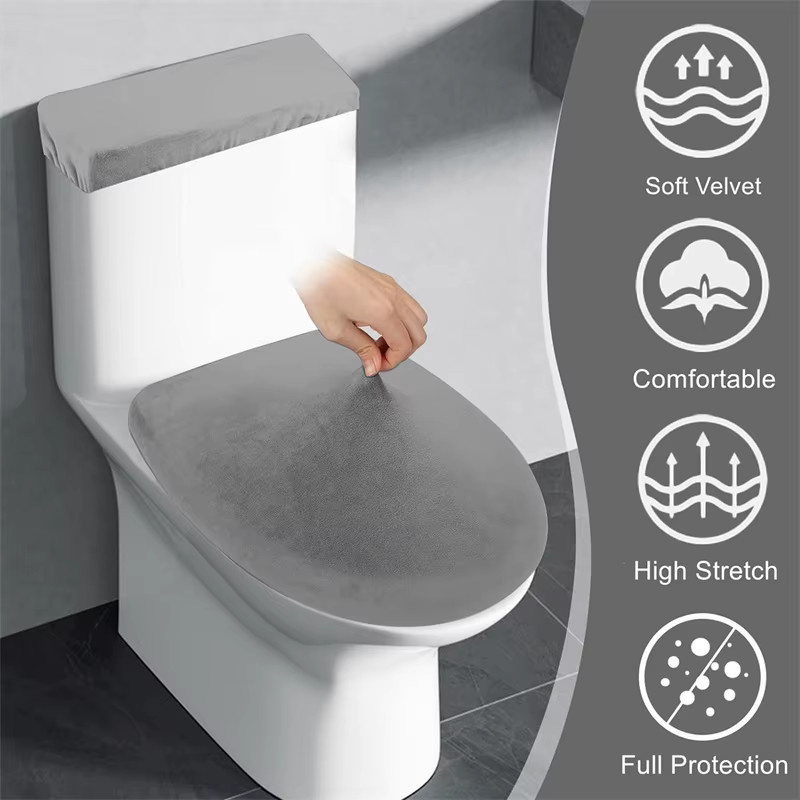 2er-Set WANERQU elastische Toilettensitzbezüge in Grau für ovale Toilettendeckel und Wassertanks - Bild 2