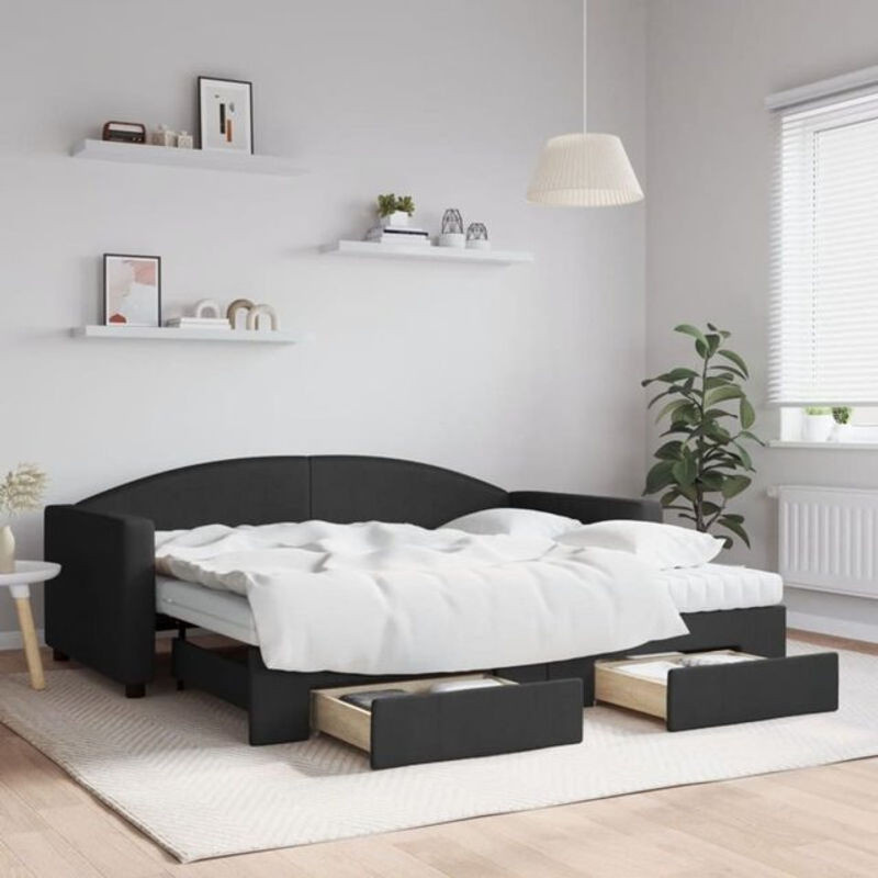 Vidaxl Funktionsbett Tagesbett ausziehbar mit Schubladen in Schwarz aus Stoff und Metall B/T/H: 90 x 190 cm - Bild 1