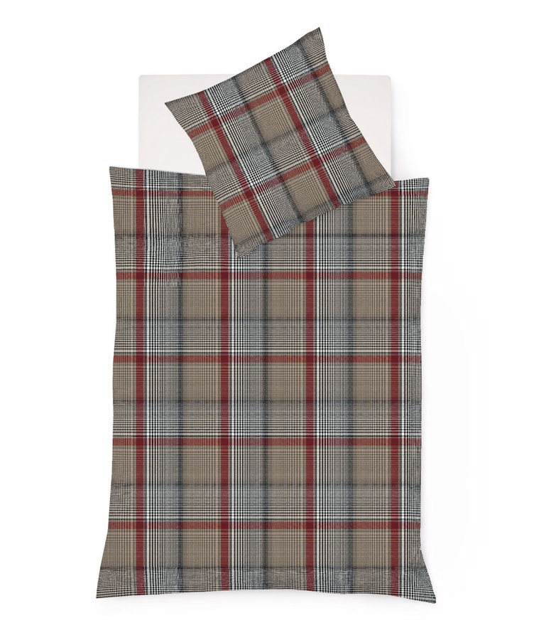 Fleuresse Lech Edelflanell Bettwäsche Karo Beige Rot Grau B/H: 240 x 220 cm mit Kissenbezug 80 x 80 cm - Bild 1