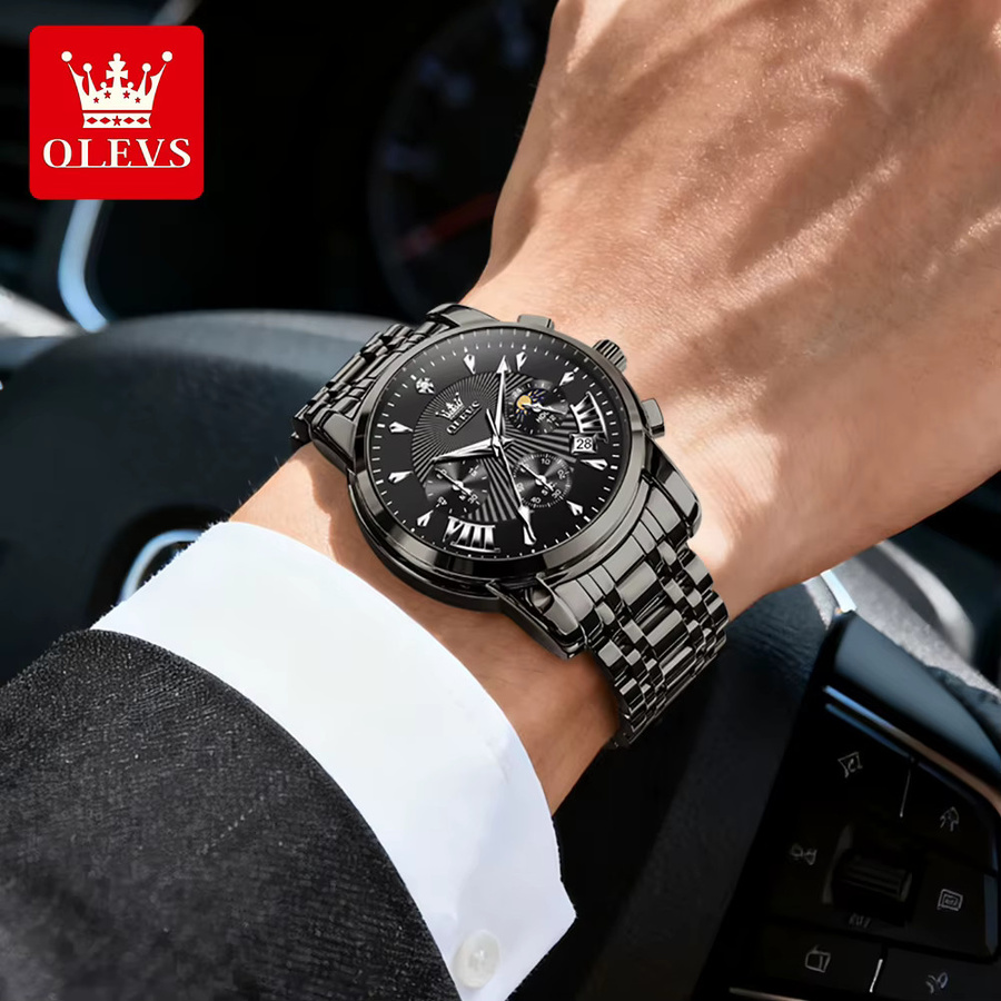 OLEVS Chronograph, Quarz, Edelstahl, Schwarz, Herren - Bild 1