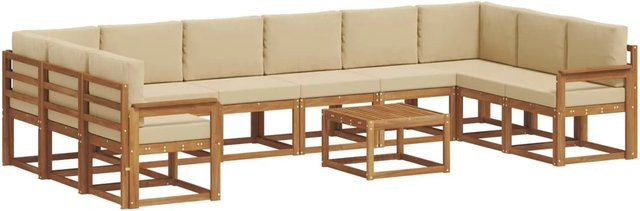 vidaXL Outdoor-Sofagarnitur aus Akazienholz in L-Form mit 11-teiligem Set, Farbe Natur und Beige - Bild 1