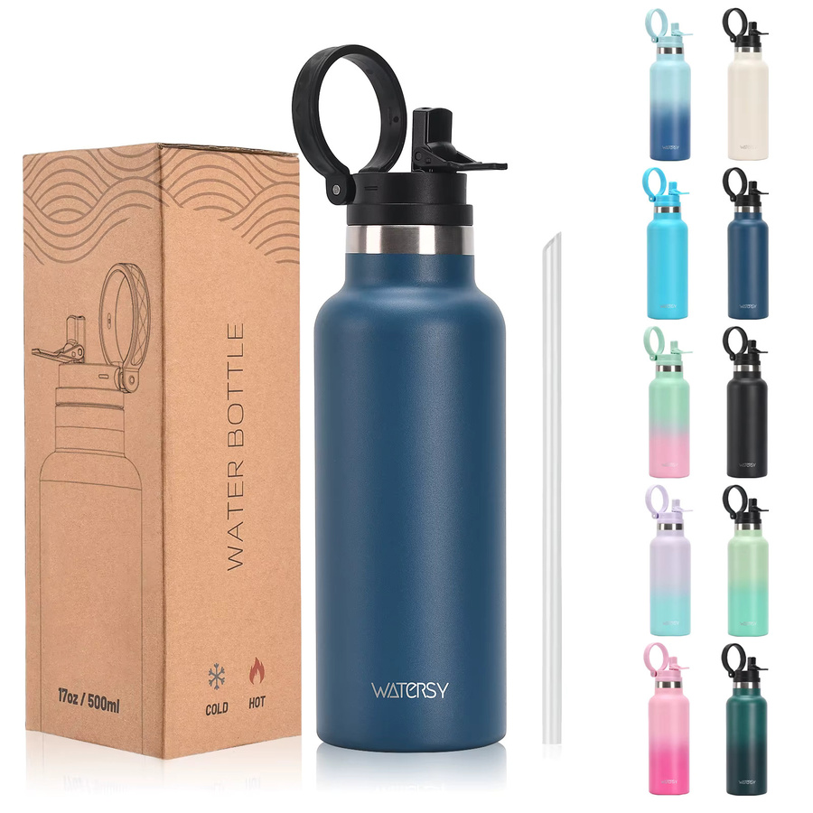 WATERSY Doppelwandige vakuumisolierte Edelstahl-Wasserflasche mit Strohhalm und Griff, 500ml, Blau/Grün - Bild 6