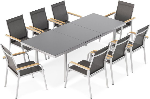 Kettler Granada Garten-Essgruppe für 8 Personen mit ausziehbarem Tisch aus Aluminium, Textilene und FSC-zertifiziertem Teak in Anthrazit, Silber und Grau - Bild 1