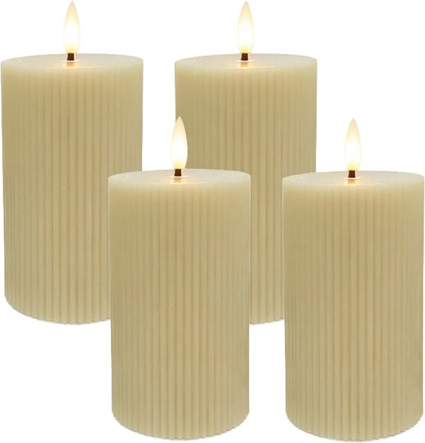 Relaxdays LED-Stumpenkerzen 4er Set aus Echtwachs in Beige mit Rillen-Design und flackerndem Effekt, Höhe: 13 cm, Durchmesser: 7,5 cm - Bild 1