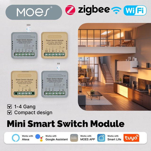MOES Tuya Smart Mini Switch Modul WiFi ZigBee 1-4 Gang in Weiß für Home Automation mit Alexa und Google Home sowie Timer und Fernbedienung - Bild 1