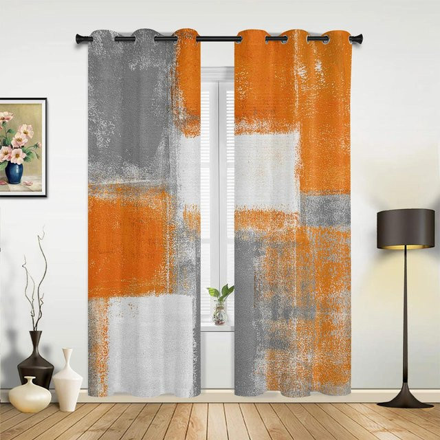 Abstrakte Vorhänge mit geometrischem Ölgemälde-Design in Gelb, Grau und Orange, halbtransparent, Breite: 135 cm, Höhe: 160 cm - Bild 1