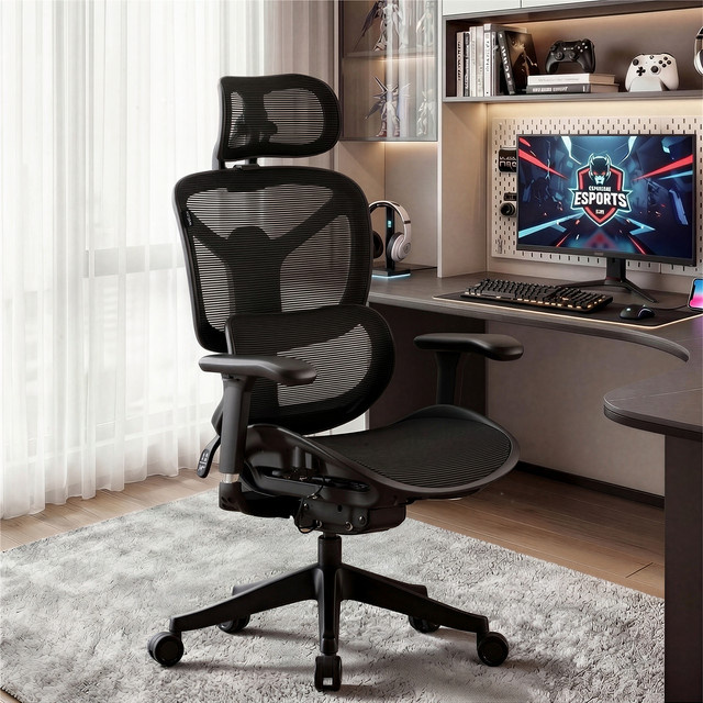 WELAX S9 ergonomischer Bürostuhl in Schwarz mit Netzrücken, hoher Rückenlehne, Lendenwirbelstütze und 4-fach verstellbaren Armlehnen - Bild 1