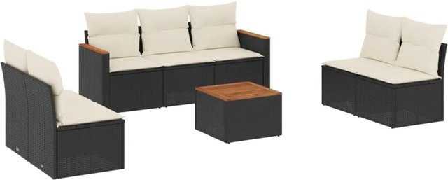 vidaXL 8-teilige Garten-Sofagarnitur in L-Form mit Tisch und Kissen, Schwarz, PE-Rattan und Akazienholz - Bild 1