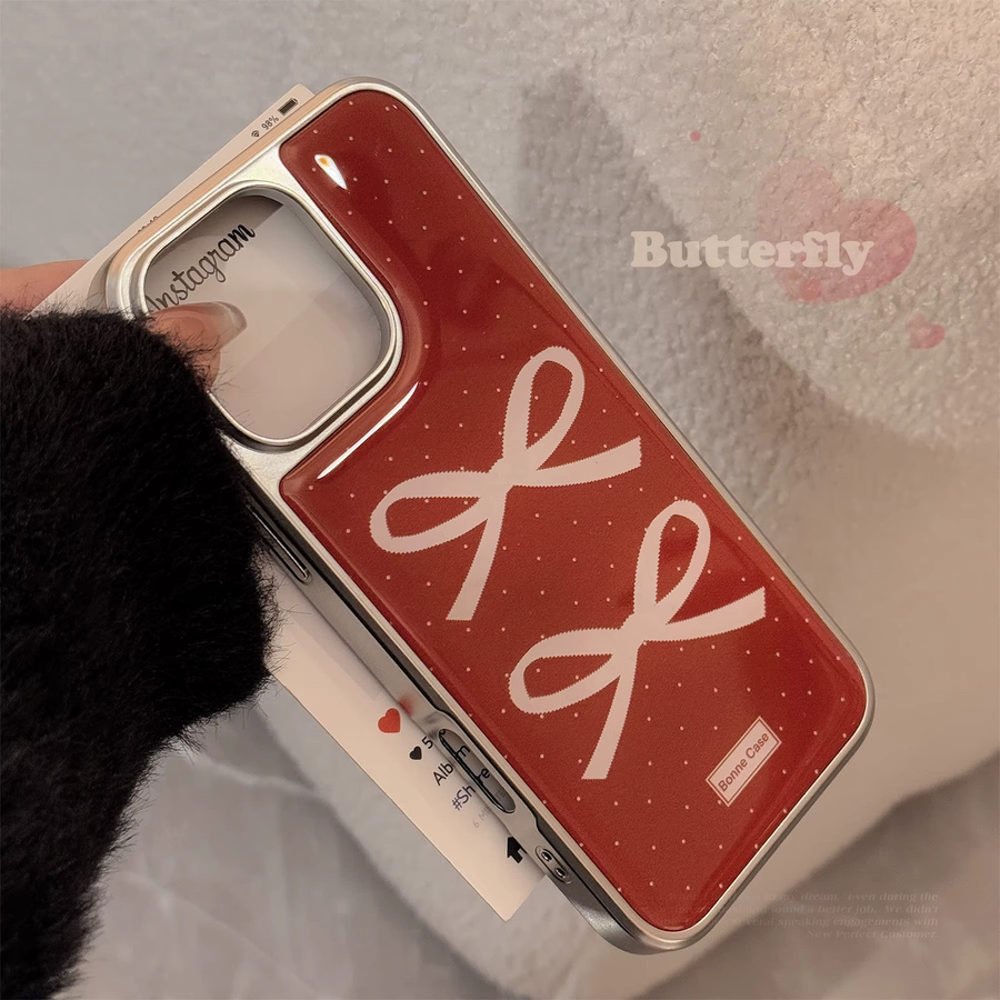 Rote iPhone Handyhülle mit weißer Schleife, Wellenpunktmuster und silbernem Rand für Apple iPhone 12 bis 17 Pro Max Plus - Bild 2
