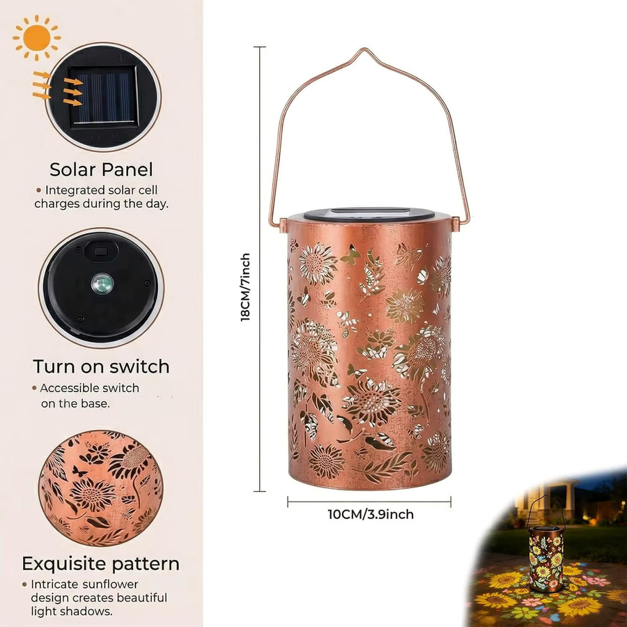 Wasserdichte Solar-Gartenleuchten aus Metall in Mehrfarbig, Sonnenblumen-Solarlaternen mit Aufhängung für Garten und Außenbereich - Bild 5