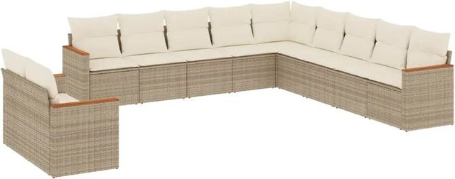 vidaXL 11-teilige Garten-Sofagarnitur aus Polyrattan und Akazienholz in Beige mit Kissen und Stauraum - Bild 1