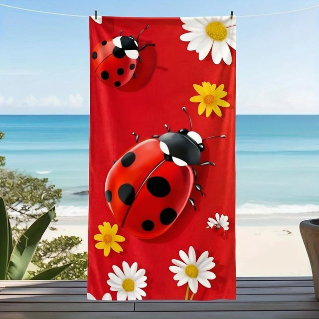 JMG Household Supplies Strandtuch mit rotem Marienkäfer- und Blumenmuster, super saugfähig, B/H: 80 x 160 cm - Bild 1