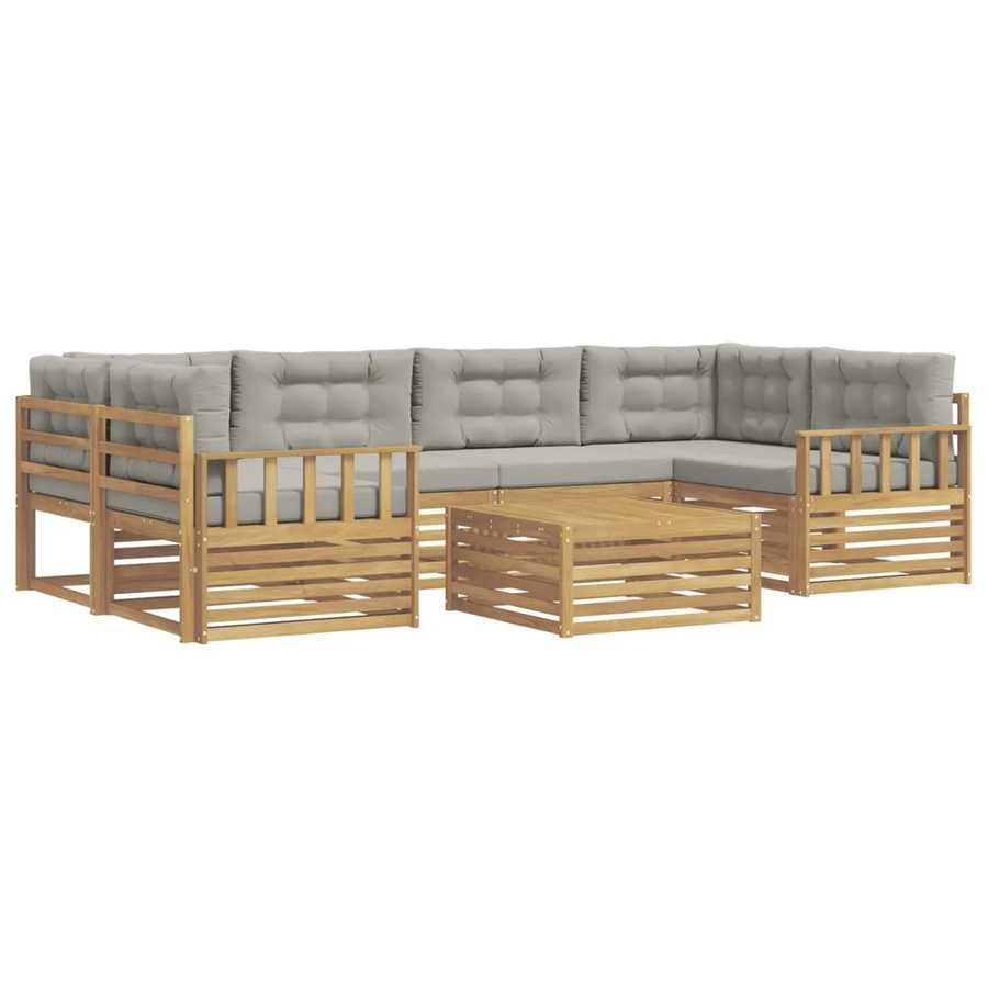 vidaXL Outdoor-Sofagarnitur 7-teilig in L-Form aus Akazienholz mit Polstern in Weiß und Hellgrau - Bild 2