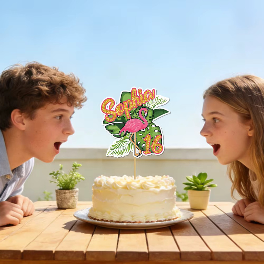 Personalisierter Kuchenaufsatz im Sommer-Flamingo-Design mit grünem Pflanzen-Motiv, individueller Name und Alter, tropische Hawaii-Tortendekoration, grün und mehrfarbig - Bild 2