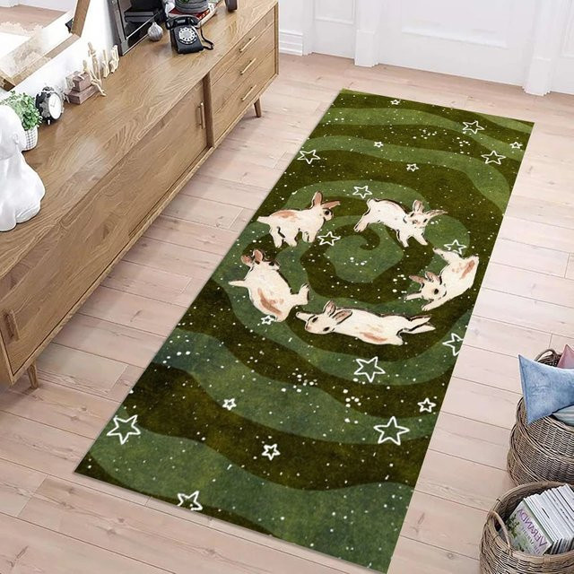 VIKAMA Läufer-Teppich mit Hasen- und Sternmuster in Rot und Grün, rutschfeste Bodenmatte für Kinderzimmer und Flur - Bild 1