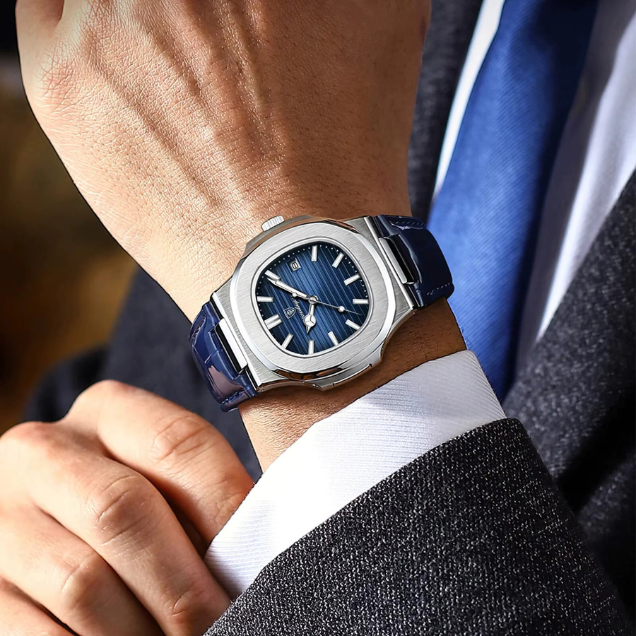 POEDAGAR Armbanduhr, Quarz, Leder, Blau, Herren - Bild 5