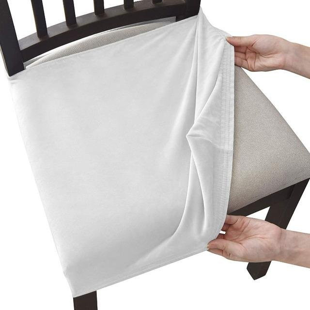 Samt-Stuhlbezug ohne Rückenlehne für Esszimmer und Büro, elastischer Stretch-Sitzbezug aus Polyester und Elasthan, Farbe: Weiß - Bild 1