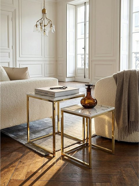 2-teiliges Beistelltisch Set KADIMA DESIGN in modernem Design mit weißer Marmoroptik und goldfarbenem Metall, eckig - Bild 1