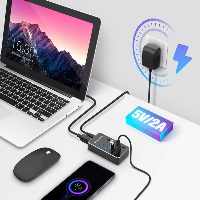 RSHTECH USB-Hub aus Aluminium mit 5 Gbit/s, USB 3.0 Splitter mit 2-in-1 USB Typ-A und Typ-C Kabel, Farbe: Silber - Bild 3
