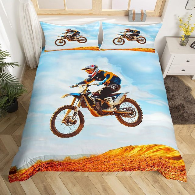 Motocross Bettwäscheset von Binchi Outdoor Product, 3-teiliges Set mit Bettbezug und Kissenbezügen in Multicolour, Design Motorradrennfahrer und Extremsport, B/H: 150 x 200 cm - Bild 1