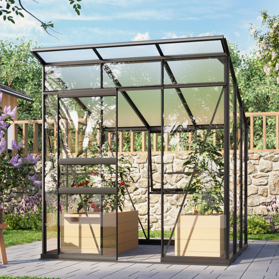 Vitavia Gewächshaus Palma 4450 mit Pultdach und Schiebetür, Schwarz, 3,7 m², inkl. Fundamentrahmen, Sicherheitsglas und Polycarbonat - Bild 3