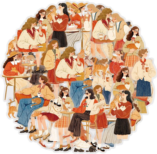 Etori Life Warm Orange Series Coffee Girl Cat Journal Sticker Set im Retro Art Style für Laptop, Handyhülle und Scrapbooking, Orange/Mehrfarbig - Bild 1
