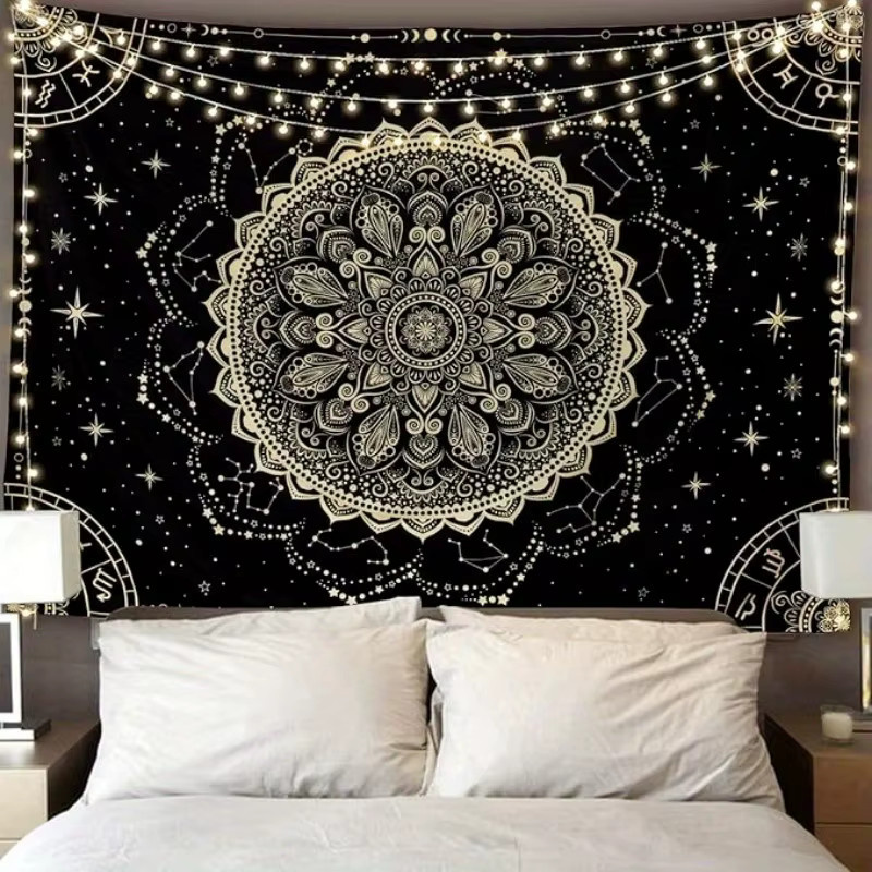 VIKAMA Wandteppich mit Mandala-Sternenkarte in Schwarz und Gold, dekorativer Boho-Wandteppich im astrologischen Stil - Bild 2