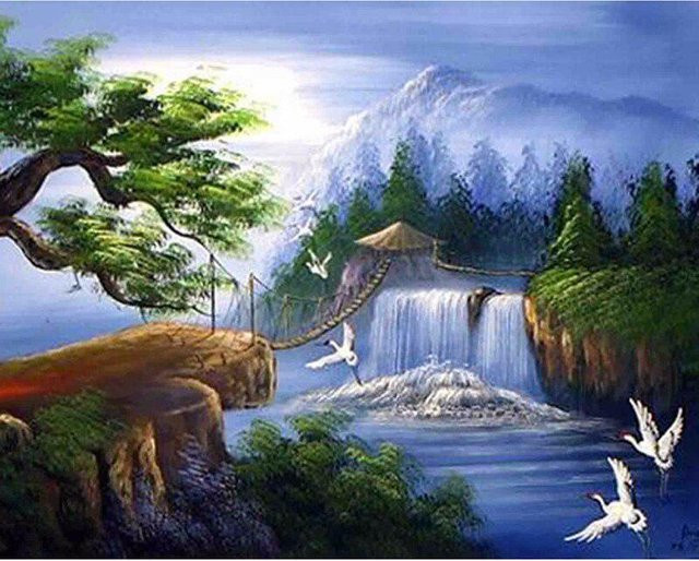 FIYO Diamant-Stickerei Landschaft Wasserfall als Mosaik-Muster Wandaufkleber, Multicolor, Breite: 30 cm, Höhe: 40 cm - Bild 1