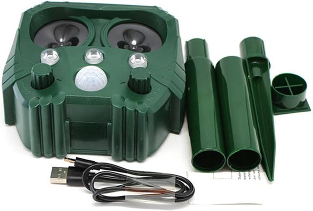 Binchi Garden Solarbetriebenes Ultraschall-Tierabwehrmittel mit LED-Lichtalarm für Garten und Gewächshaus, wasserdicht, Schwarz/Grün - Bild 1