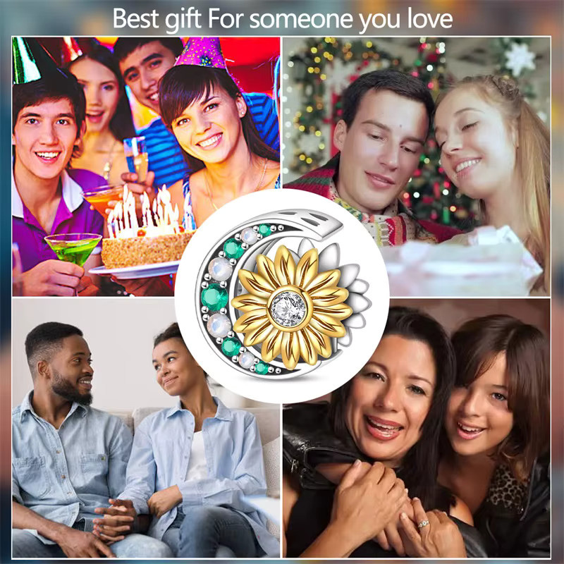 Sonnenblumen-Charms mit Mond-Motiv, 925 Silber, Zirkonia, Damen - Bild 3