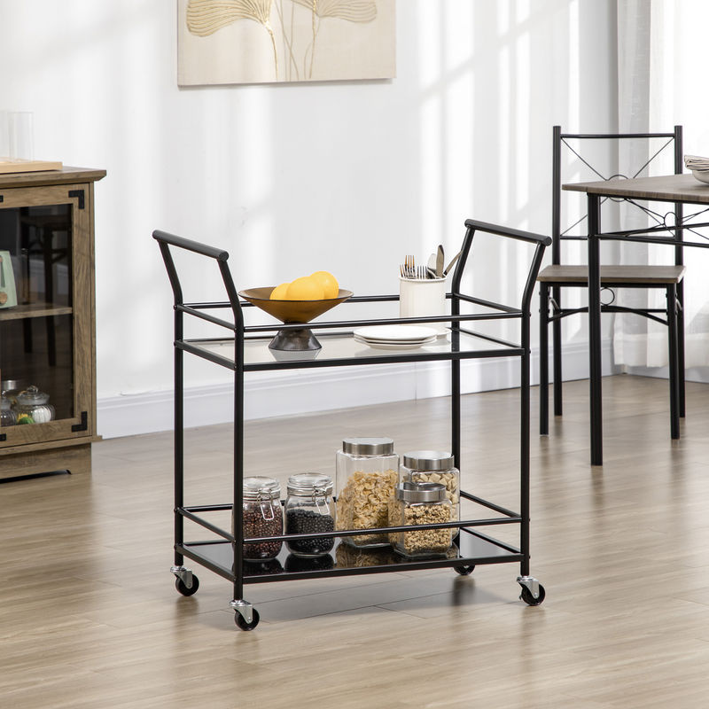 HOMCOM Küchenwagen mit 2 Ablagen aus Metall und Glas in Schwarz, B/T/H: 75 x 40 x 80 cm - Bild 2