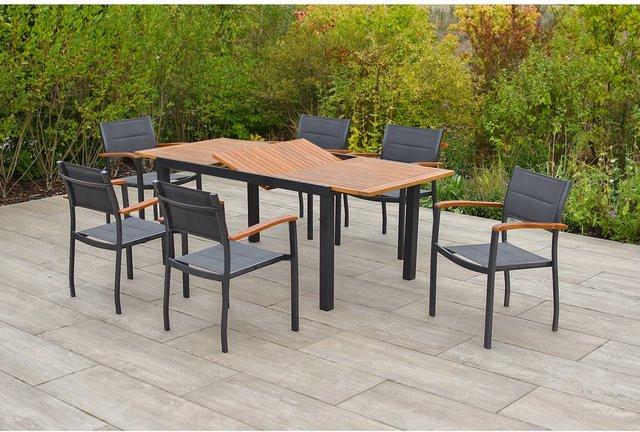Merxx Paxos Gartenmöbel Set aus Akazie und Aluminium in Braun, 7-teilig mit ausziehbarem Gartentisch und 6 Stapelsesseln, Tisch B: 150 cm, T: 90 cm, H: 84 cm - Bild 1