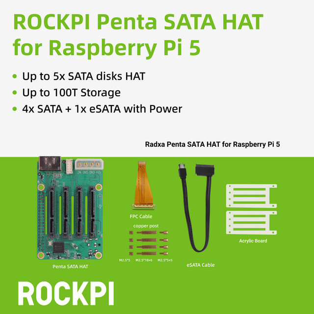 ROCKPI Penta SATA HAT Green – Erweiterung für bis zu 5 SATA-Festplatten kompatibel mit Raspberry Pi 5 und ROCK Pi SBCs (3C, 5A, 4A, 4B, 4SE, 4A+, 4B+) - Bild 1