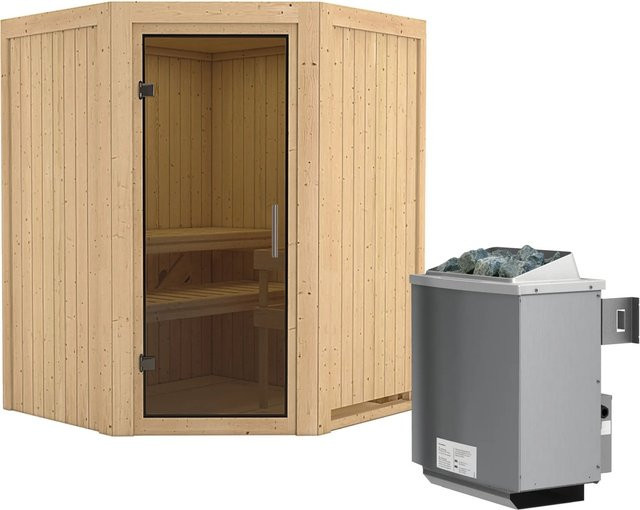 Karibu Sauna LARIN in Grau mit 9,0 kW Ofen, integrierter Steuerung und Ganzglastür, B/T: 151 x 151 cm - Bild 1