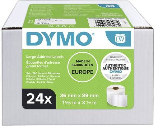 DYMO Adressetiketten Vorteilspack, Weiß, Papier, 24 Rollen mit je 260 Stück, B: 89 mm, H: 36 mm - Bild 1