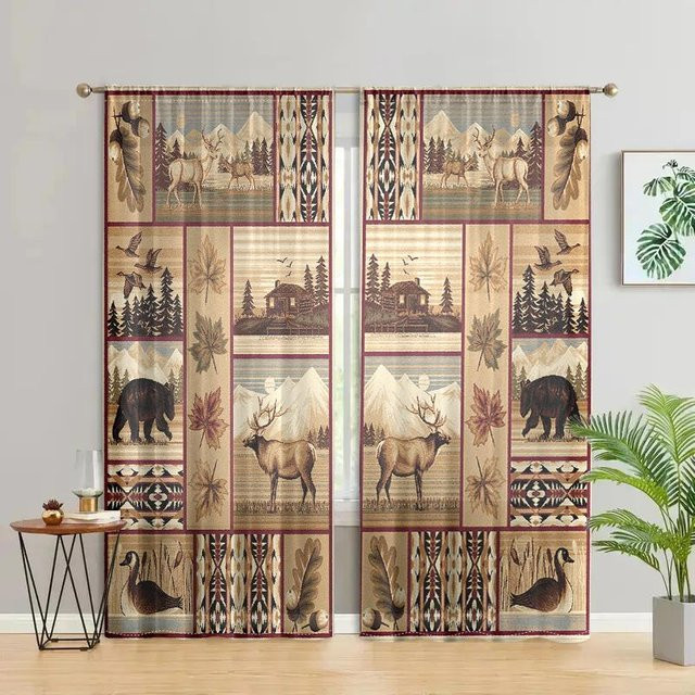 2er-Set Landhaus-Vorhänge mit Elchmotiv in Beige, halbtransparent, Breite: 150 cm, Höhe: 166 cm - Bild 1