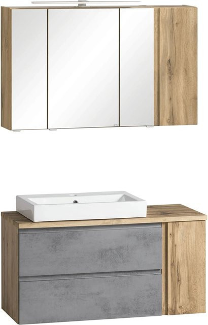Held Möbel Waschtisch-Set Ancona in Betongrau und Wotaneiche mit Aufsatz-Keramikbecken und Spiegelschrank, Breite: 105 cm - Bild 1