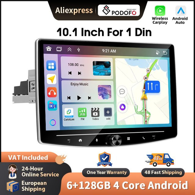 Podofo 10,1 Zoll Autoradio mit 6+128GB Speicher, kabelloses CarPlay und Android Auto, Multimedia-Stereo mit WIFI, GPS, Bluetooth und HD Touchscreen in Schwarz - Bild 1