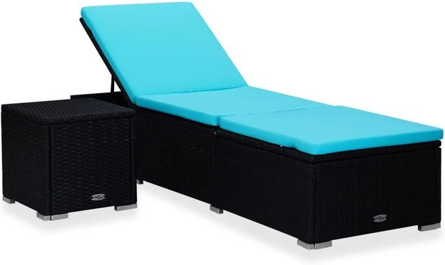 vidaXL Sonnenliege mit Auflage und Teetisch aus Poly Rattan in Blau und Schwarz - Bild 1