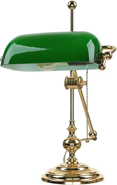 Giovanni Battista Bankerlampe im Jugendstil aus Messing und Glas in Gold und Grün mit Zugschalter, Höhe: 47 cm - Bild 1