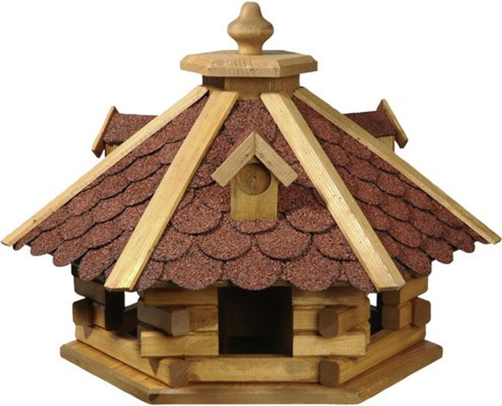 Dobar Rustikales XL-Vogelfutterhaus im Blockhaus-Stil aus Kiefernholz mit rotem Bitumendach und 6 Einfluglöchern in Braun/Dunkelbraun - Bild 2