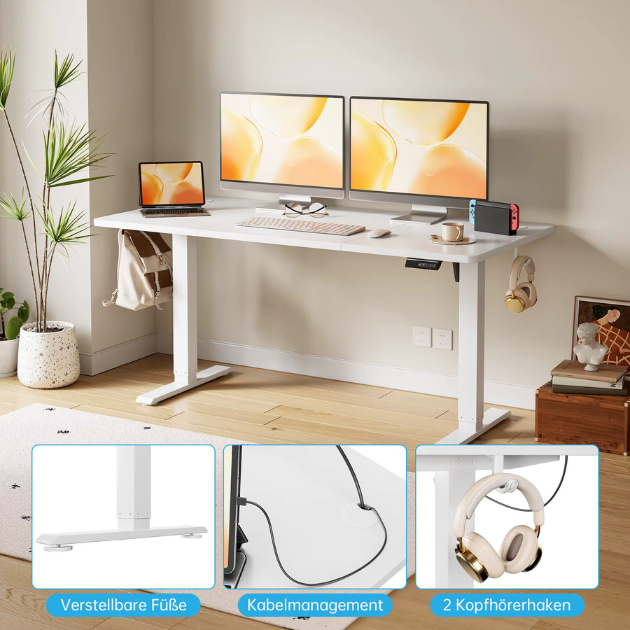HiMISS Elektrisch Höhenverstellbarer Schreibtisch in Weiß mit Speicherfunktion und leisem Motor, Ergonomischer Sitz-Steh-Computertisch für Home Office und Büro - Bild 2