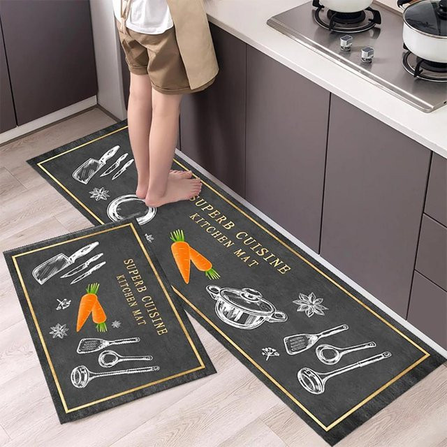 Karpetti Teppichset mit Streifenmuster in Schwarz, rutschfest und waschbar, für Küche, Schlafzimmer oder Flur, 2er-Set, B: 40 cm x L: 60 cm und B: 40 cm x L: 120 cm - Bild 1
