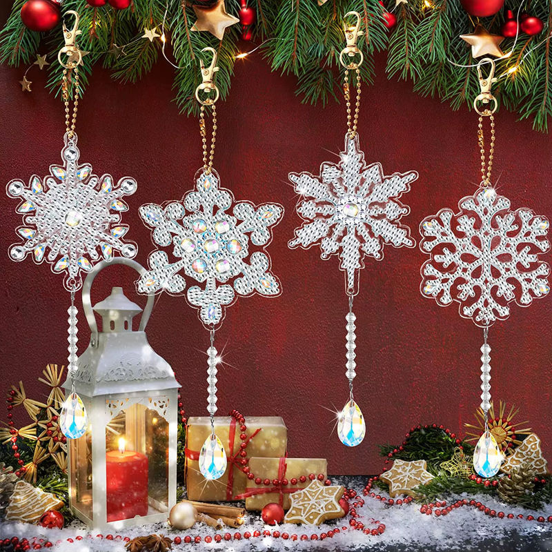 4er-Set Weihnachts-Schneeflocken DIY Diamant-Malerei Sonnenfänger mit Kristallen als dekorative Schlüsselanhänger in Weiß und Mehrfarbig - Bild 2