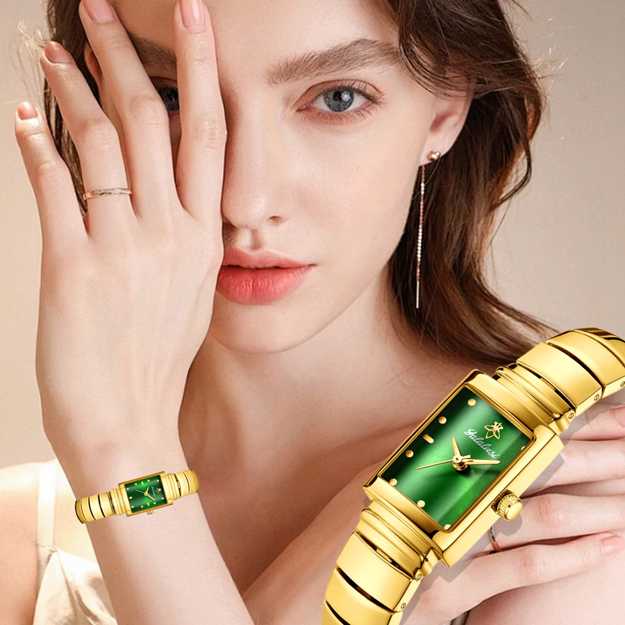 YaLaLuSi Armbanduhr, Quarz, eckig, Gold, Grün, Damen - Bild 3