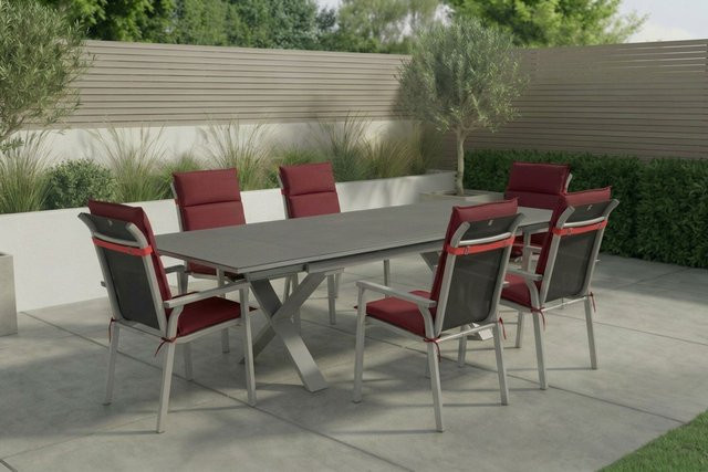 Kettler BasicPlus Pro Garten-Essgruppe aus Aluminium in Silber und Bordeaux mit 6 Stapelsesseln und Polstern, Tisch auslinderbar, B/T: 180 bis 280 x 100 cm - Bild 1